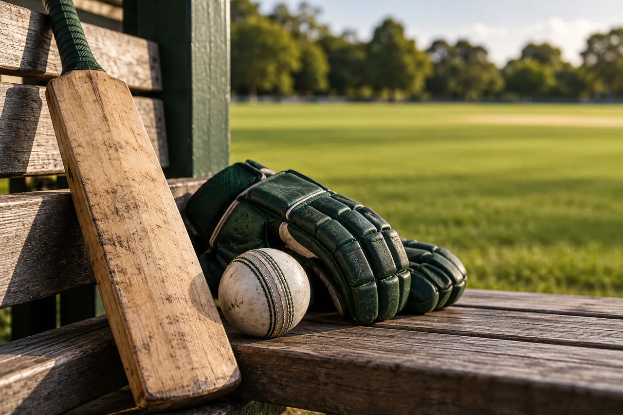 AI-generated illustration of a cricket bat, white ball and gloves on a pavilion bench